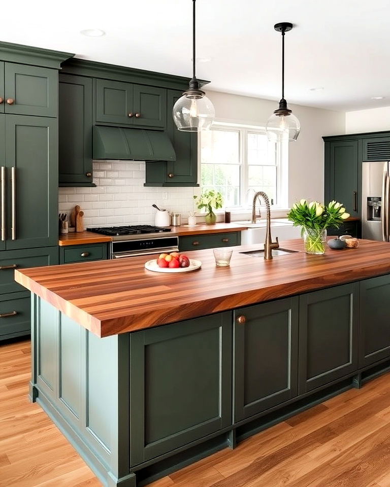 dark sage cabinets with rich walnut butcher block