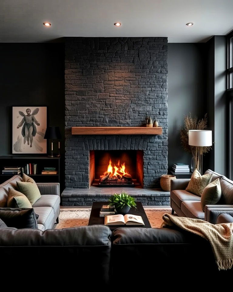 dark stone fireplace moody living room