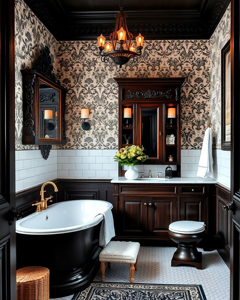 dark wood accents for victorian bathroom's elegance