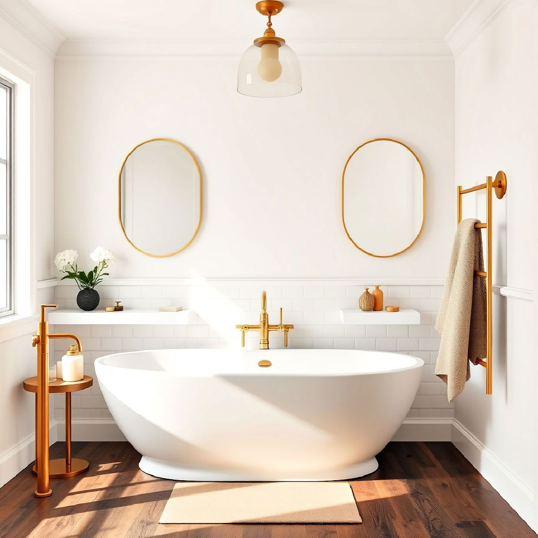 dark wood bathroom floor with brass fixtures