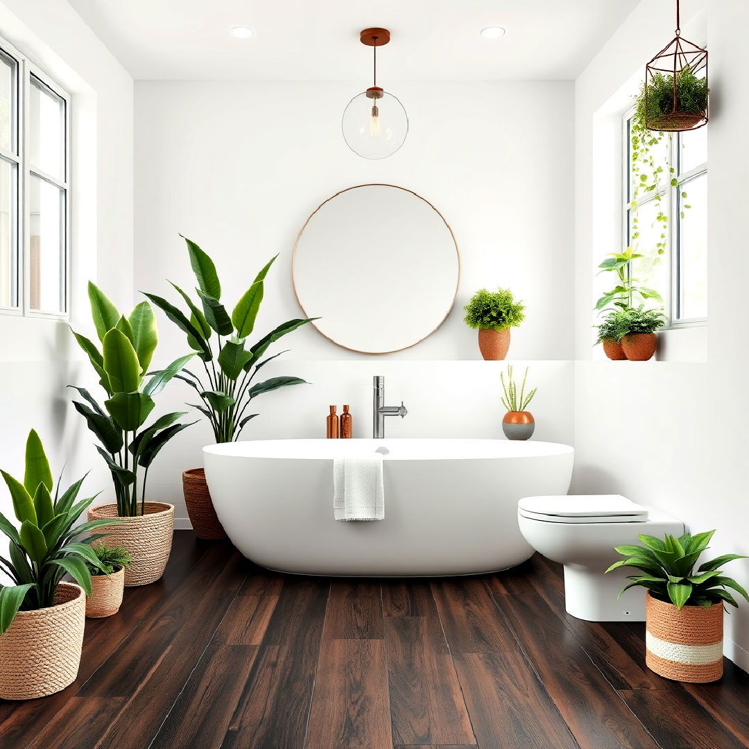 dark wood bathroom floor with green plants