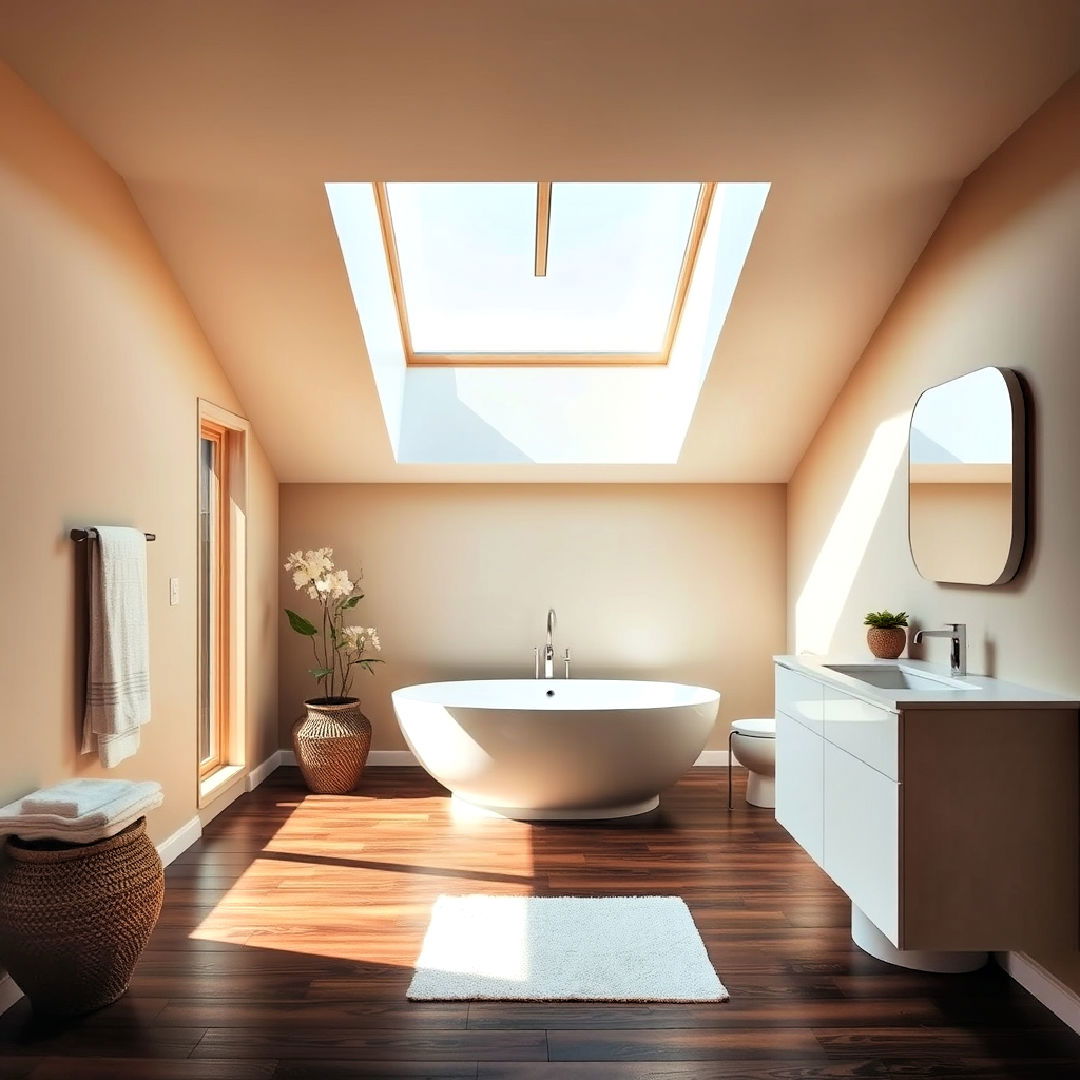 dark wood bathroom floor with skylight