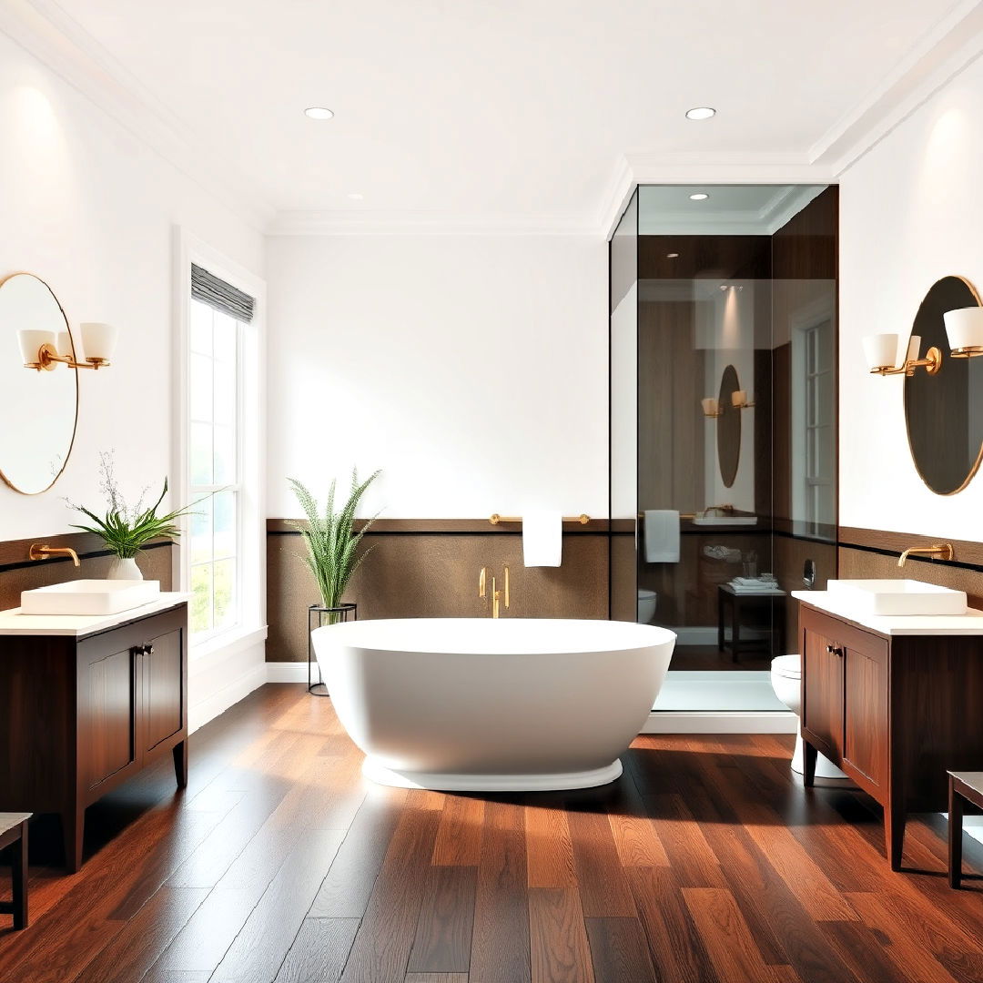 dark wood bathroom floor with white walls