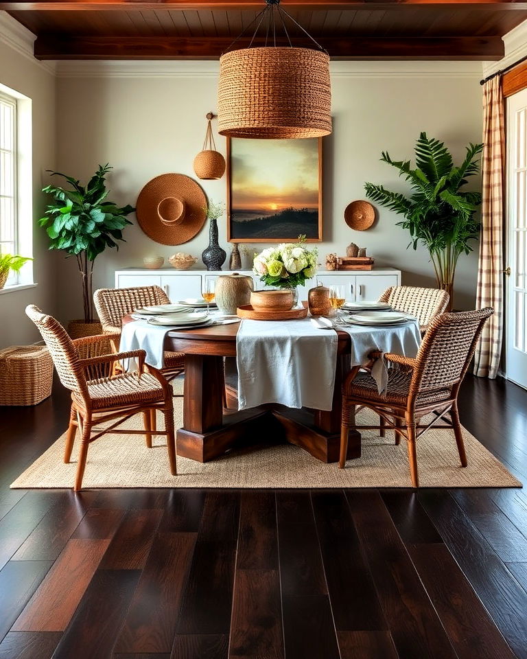 dark wood dining room floor with earthy textures