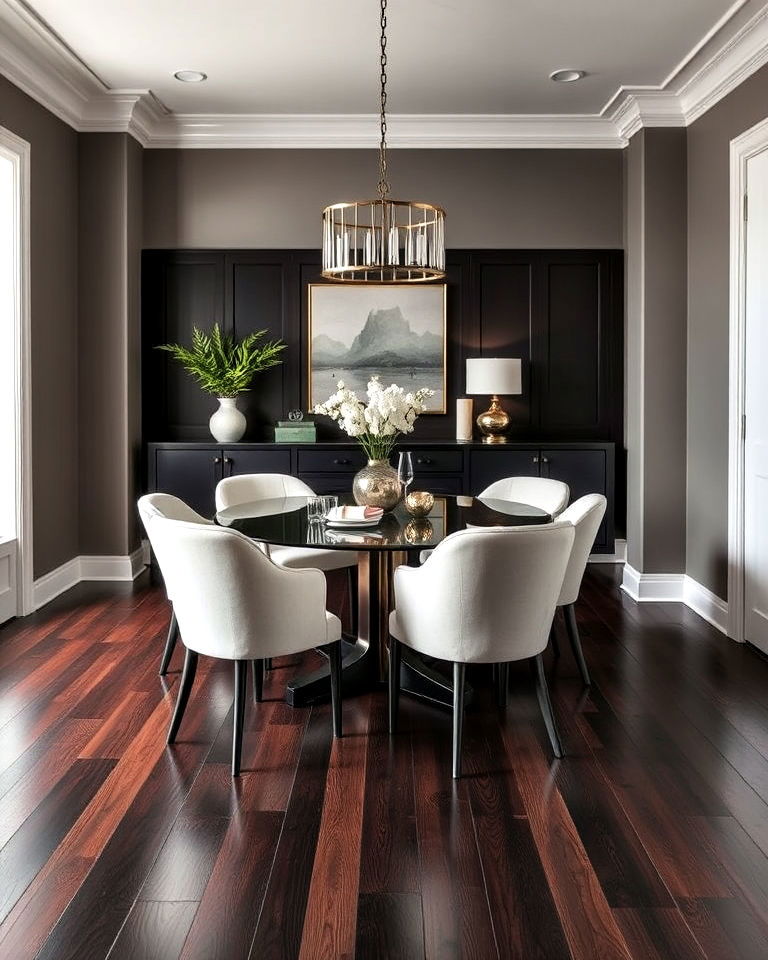 dark wood dining room floor with light furniture contrast