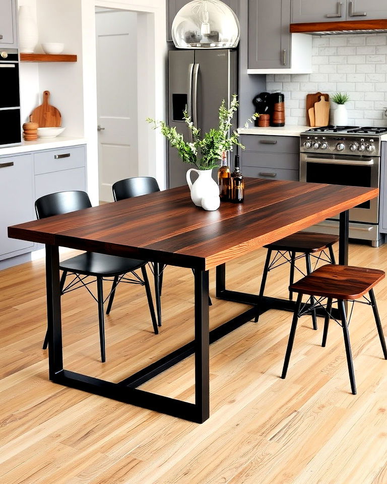 dark wood dining table kitchen with black metal legs