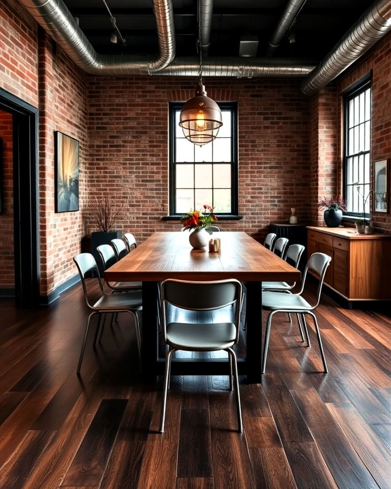 dark wood floor and industrial dining room design