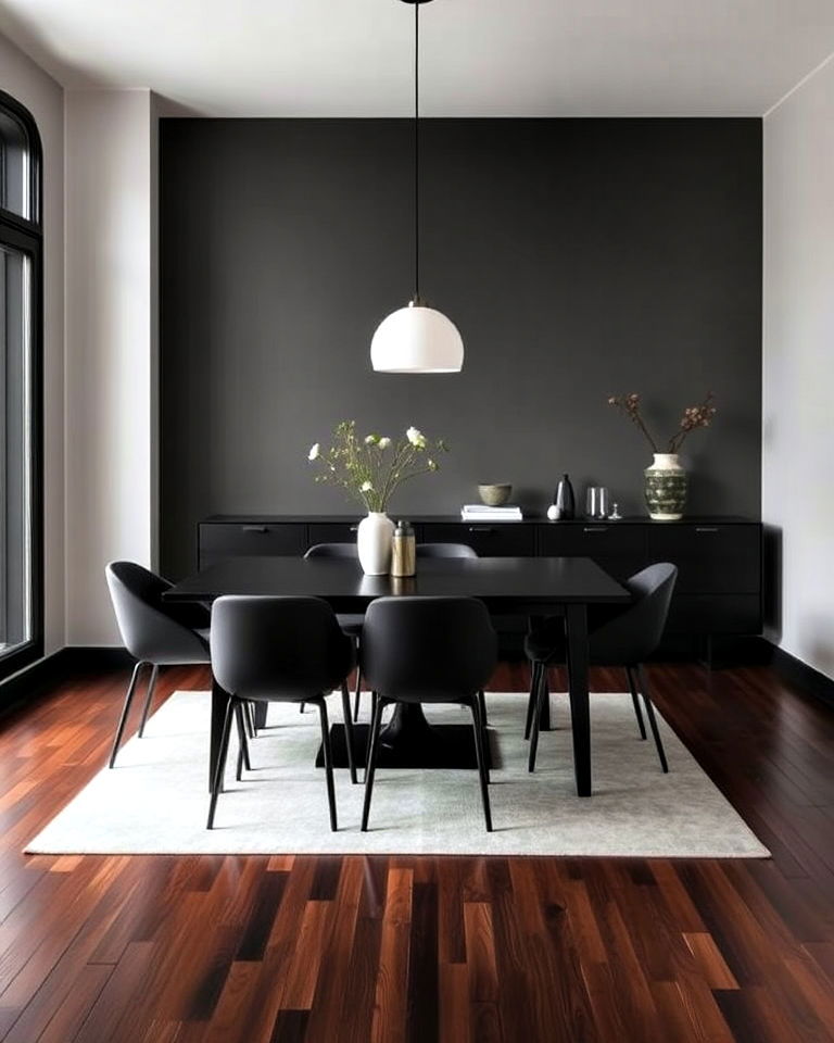 dark wood floor and minimalist design dining room