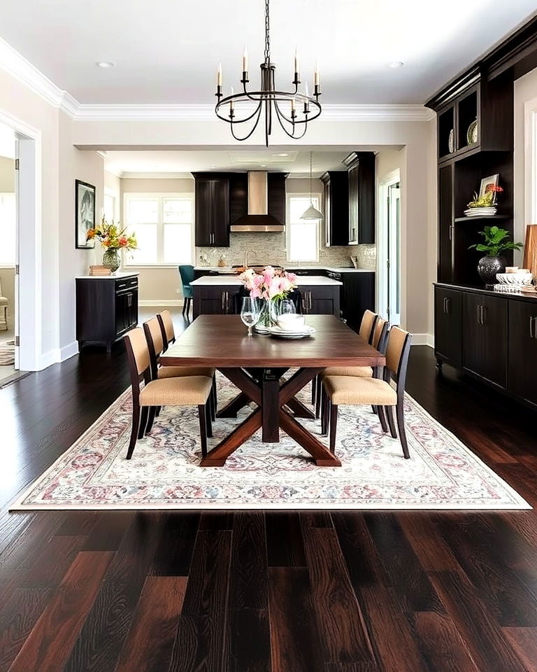dark wood floor and open concept dining area