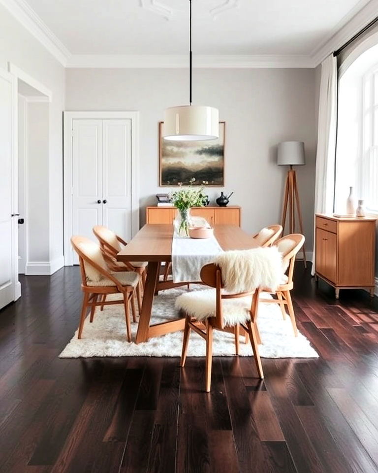 dark wood floor and scandinavian inspired dining room
