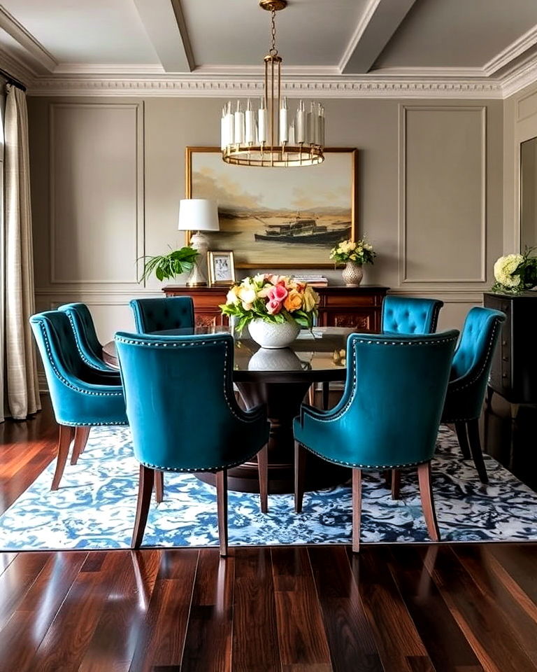 dark wood floor and velvet dining chairs