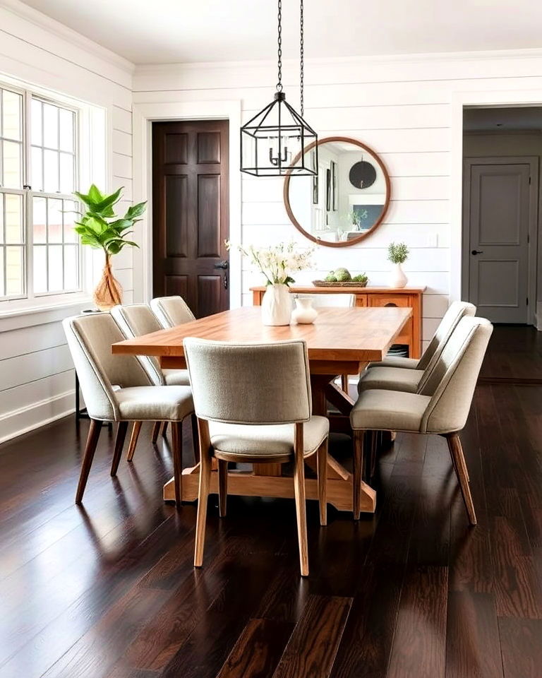 dark wood floor in a modern farmhouse dining room