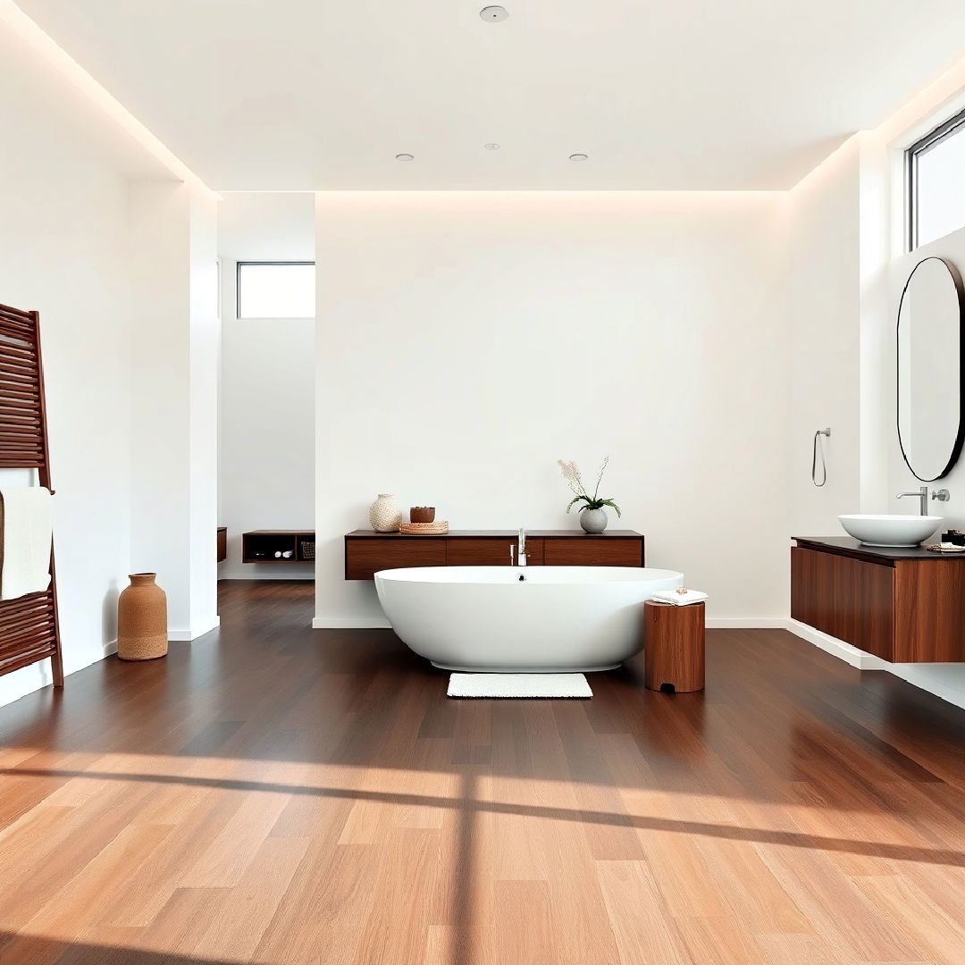 dark wood floor open concept bathroom