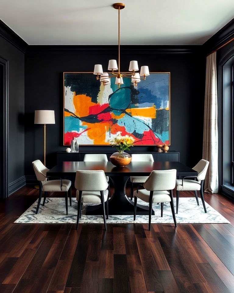 dark wood floor paired with bold art
