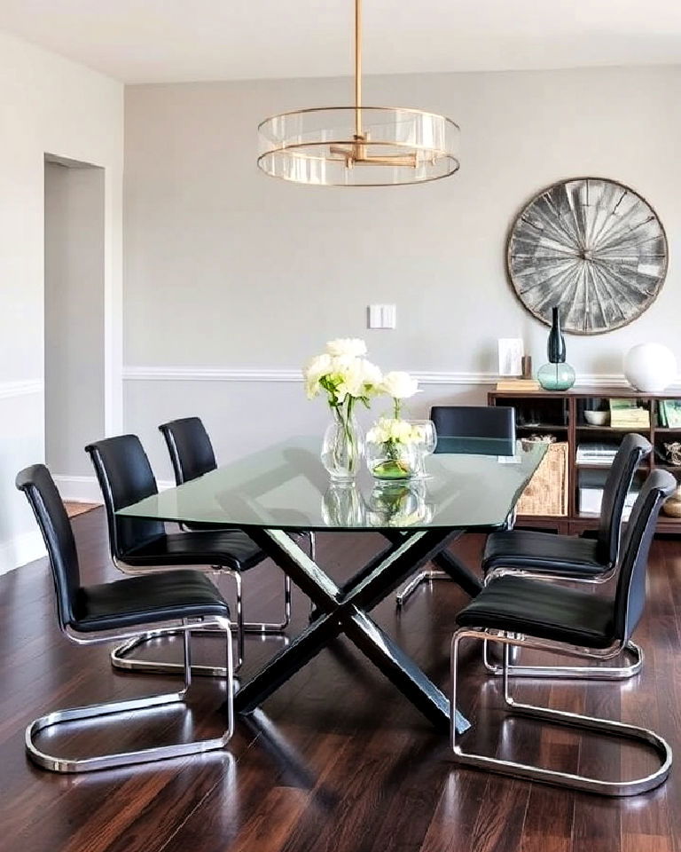 dark wood floor with a glass dining table
