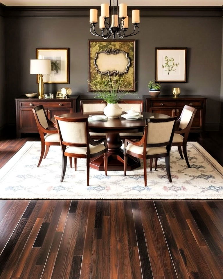 dark wood floor with a light area rug