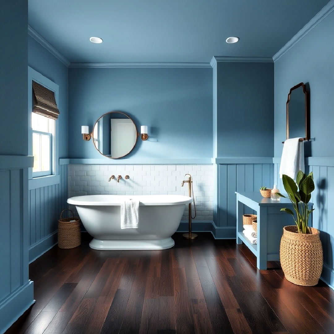 dark wood floor with blue walls for bathroom