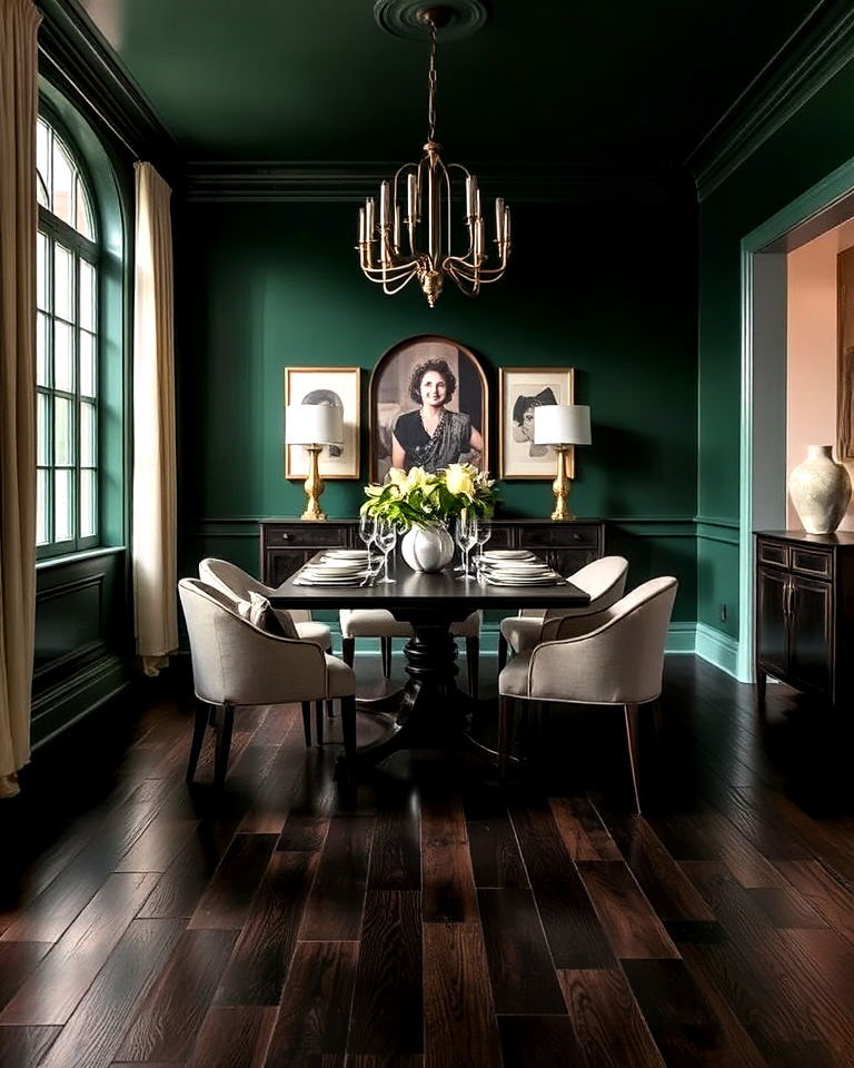 dark wood floor with bold wall color dining room