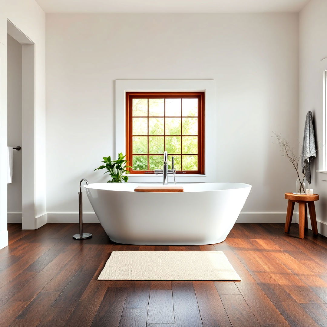 dark wood floor with freestanding bathtub