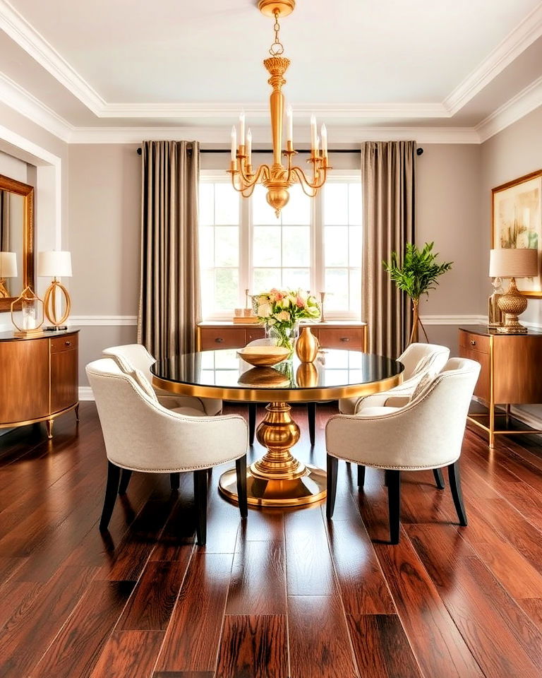 dark wood floor with gold accents