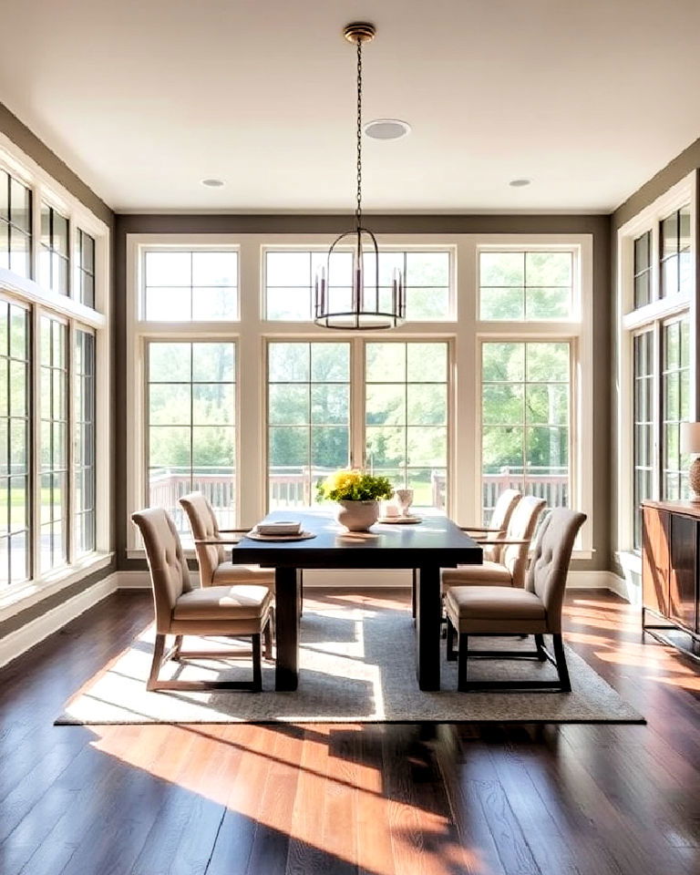 dark wood floor with large windows for dining room