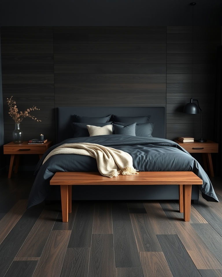 dark wood flooring and black bedding