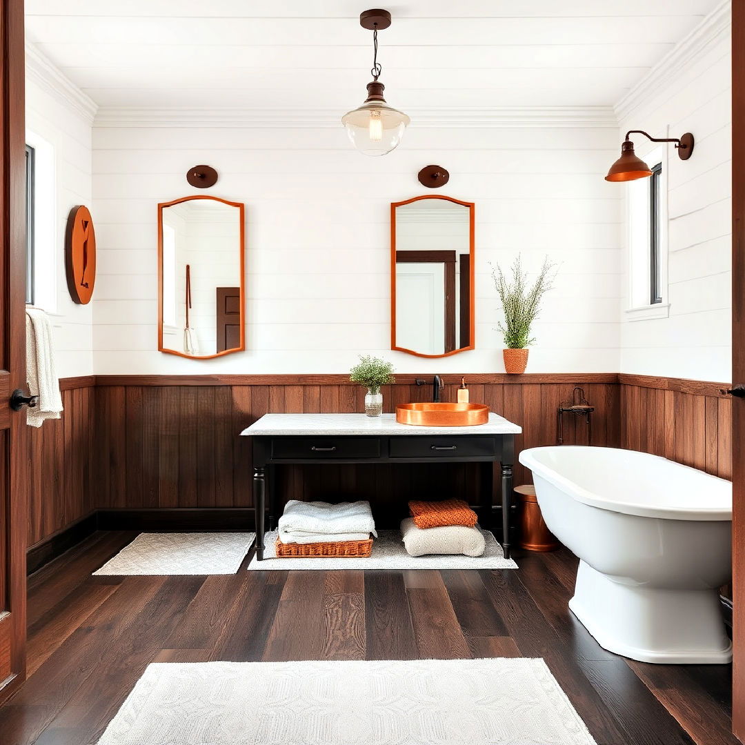 dark wood floors with copper accent bathroom