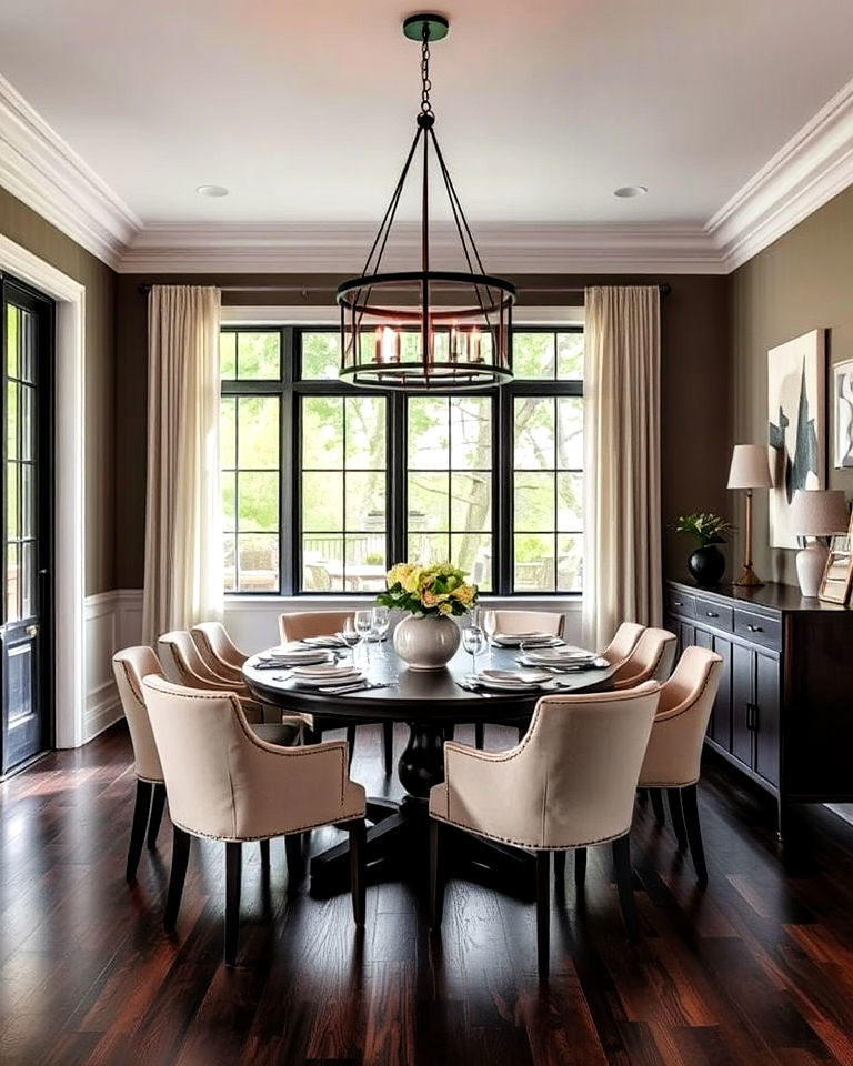 dark wood floors with statement lighting