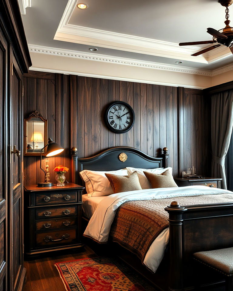 dark wood furniture in steampunk bedroom