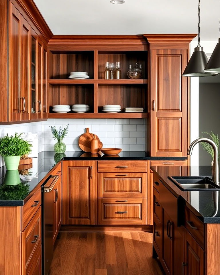 dark wood kitchen cabinets paired with sleek black countertop