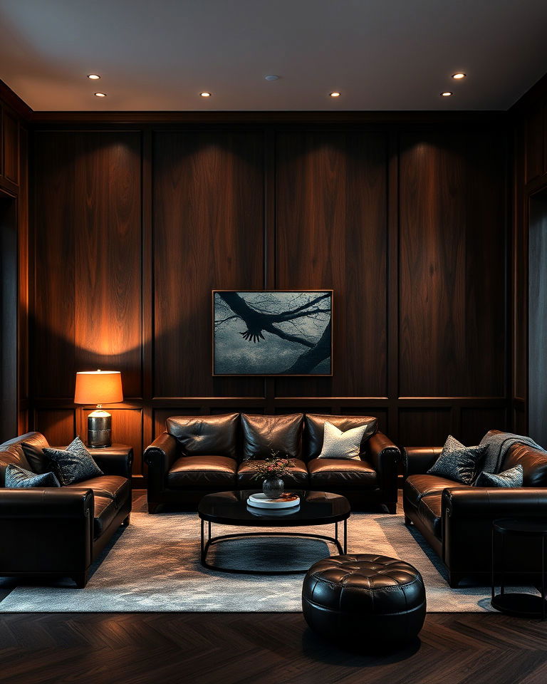dark wood paneling moody living room