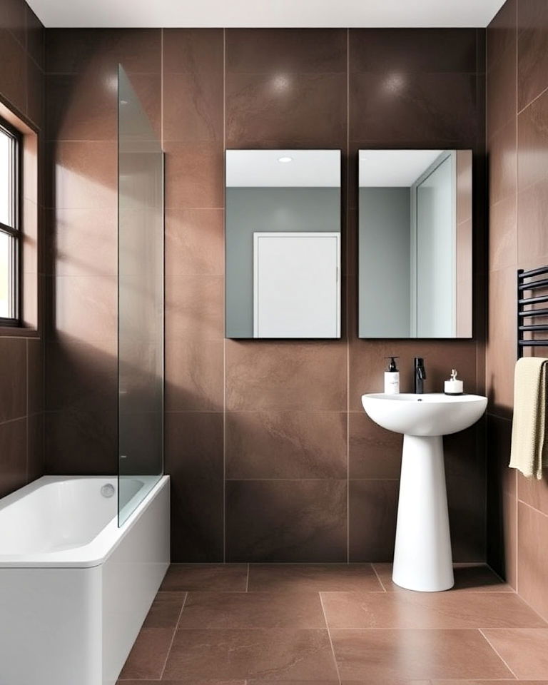 darker brown bathroom tiles with soft gray accents