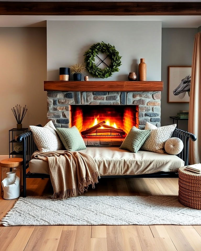 daybed for a versatile fireplace lounging spot