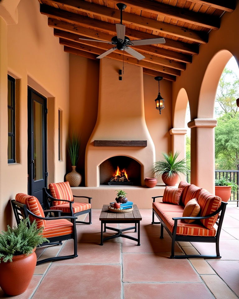 deck with adobe fireplace to add southwestern style