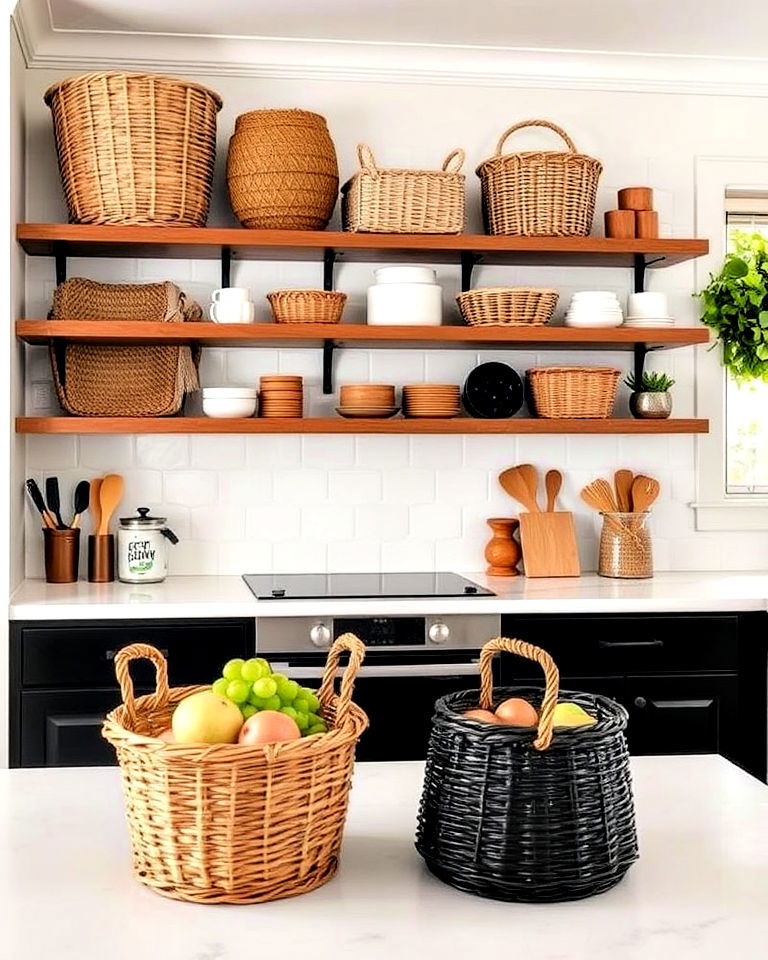 decorative brown and black woven baskets for storage