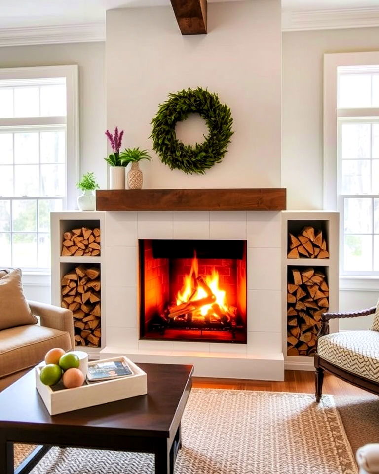 decorative firewood storage around fireplace