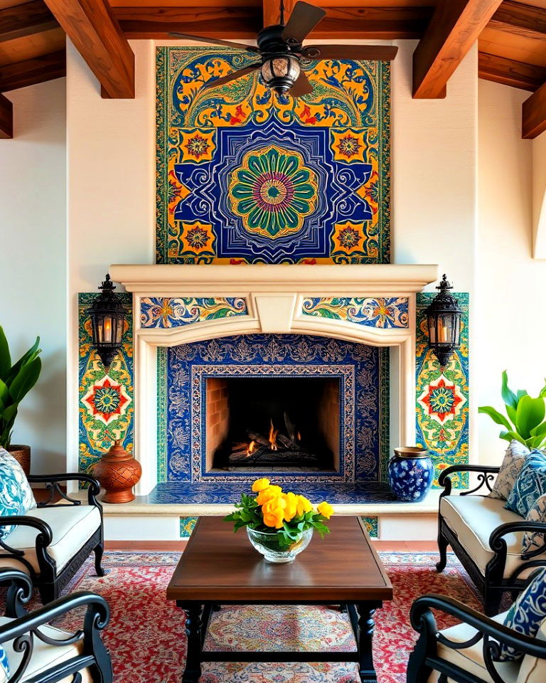 decorative spanish style talavera tile fireplace