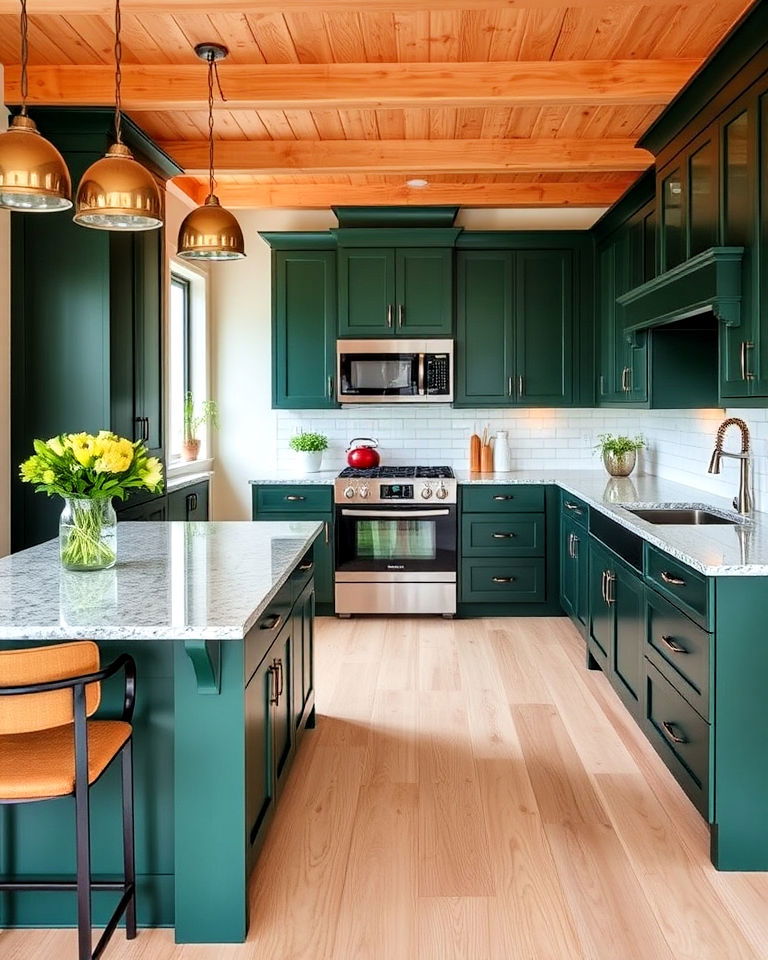 deep green accent cabinets with light wood floors for kitchen