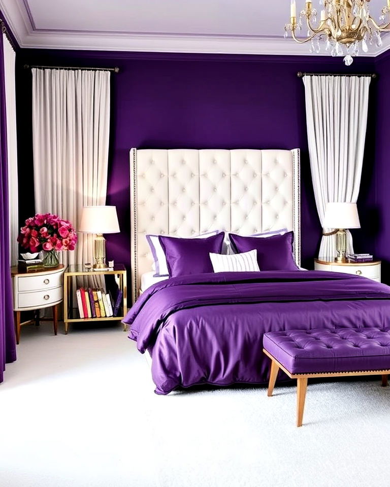 deep purple and white bedroom for a regal touch