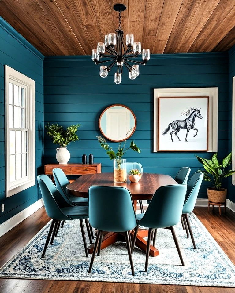 deep teal shiplap walls for the dining room