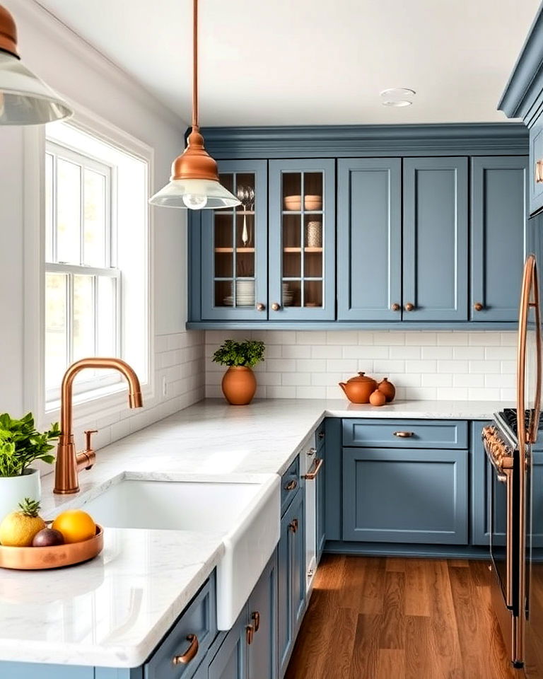denim blue cabinets with copper fixtures