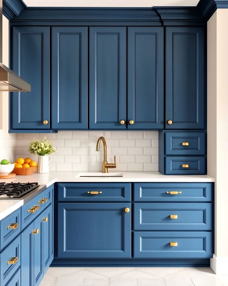 denim blue cabinets with gold drawer knobs
