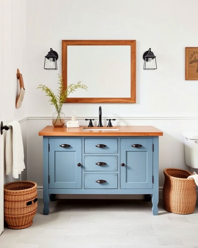 denim blue vanity with wooden countertop