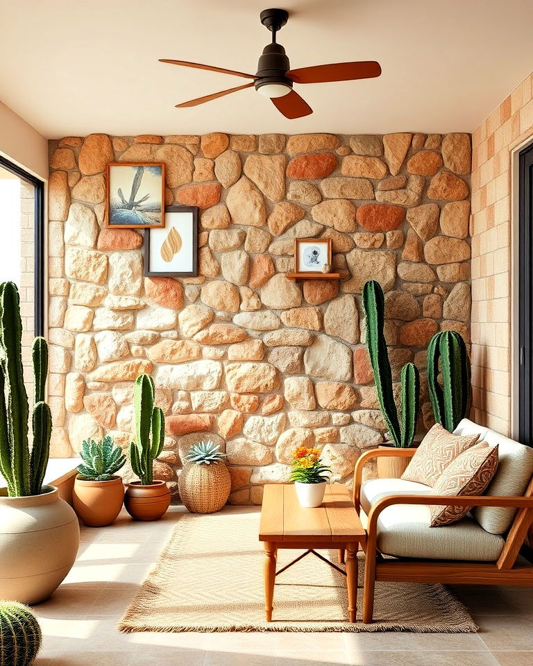 desert inspired stone wall for outdoor lounges