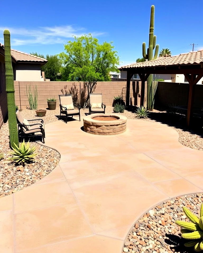 desert style stamped patio with fire pit and gravel border
