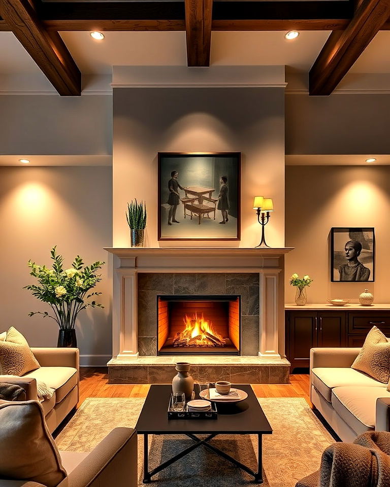 dimmer controlled recessed lights around the fireplace