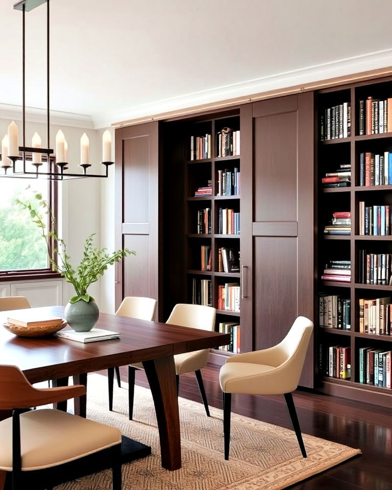 dining area with sliding bookcase doors