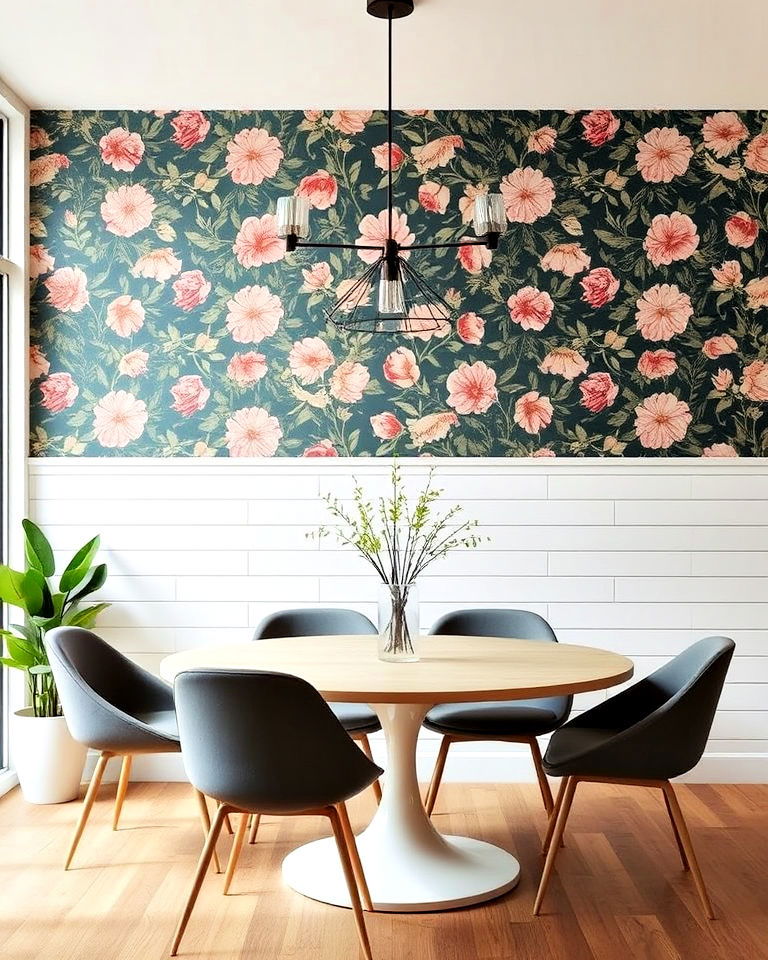 dining room shiplap walls with floral wallpaper