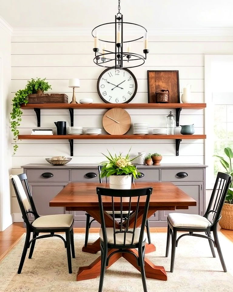 dining room shiplap walls with open shelving