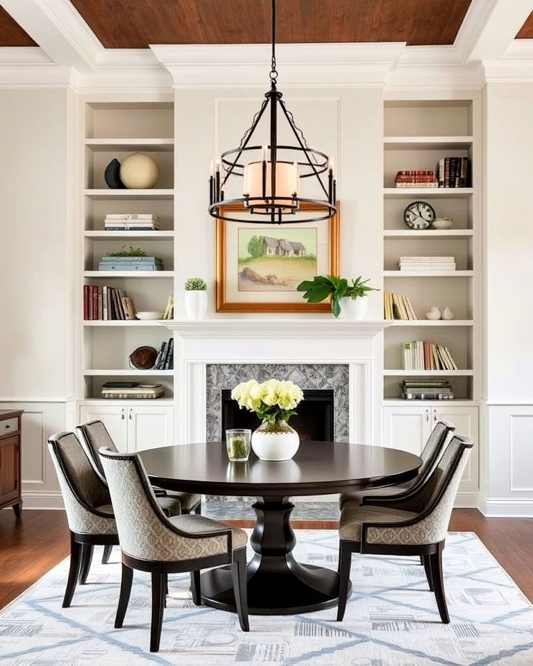 dining room with fireplace and built in shelving